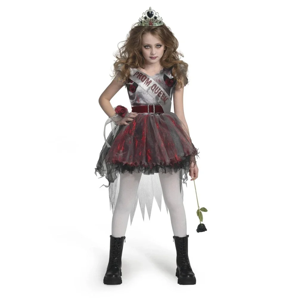 Girls Zombie Prom Queen Halloween Costume XL 12-14yr Dress Sash Tiara Corsage